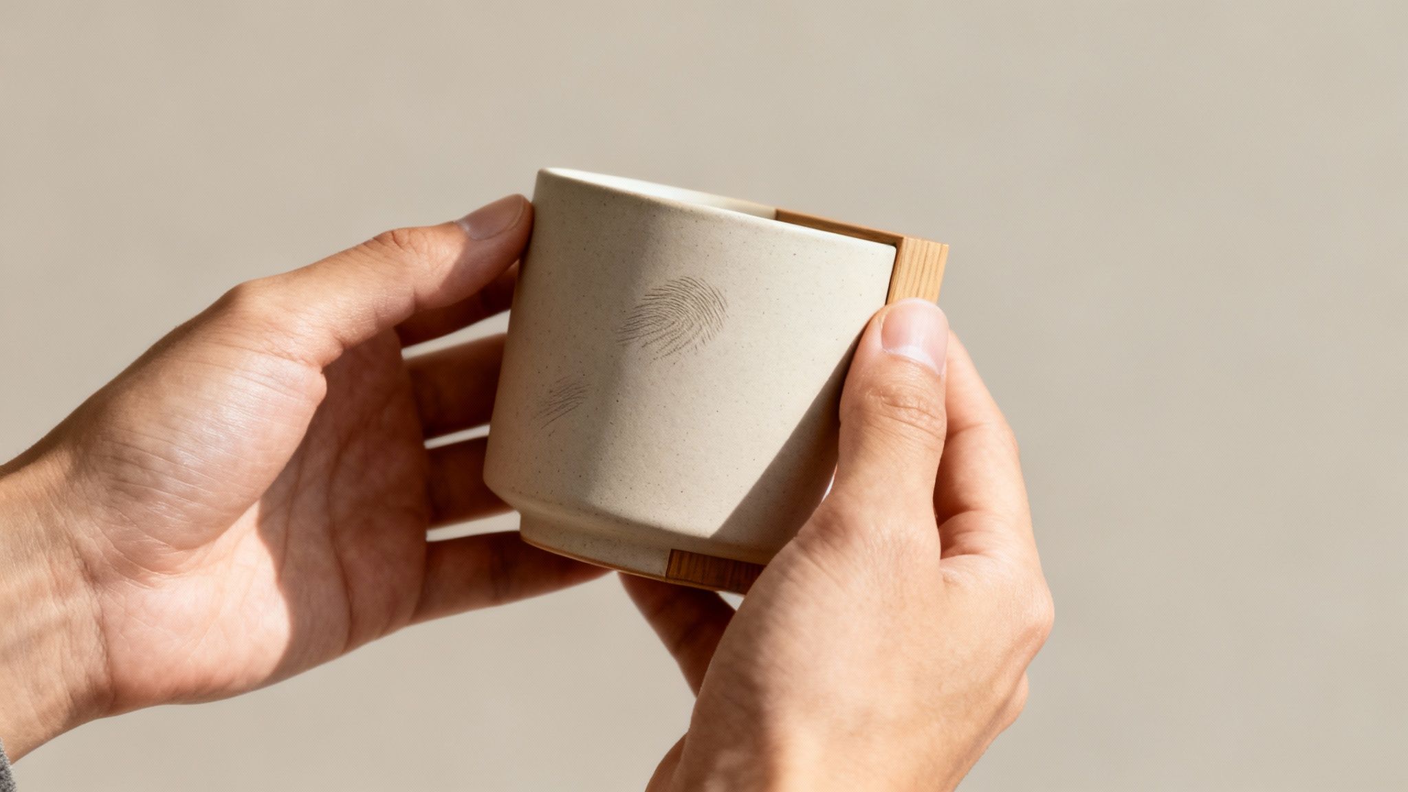 Ein Mann hält einen hochwertigen Werbeartikel in der Hand und betrachtet ihn aufmerksam.