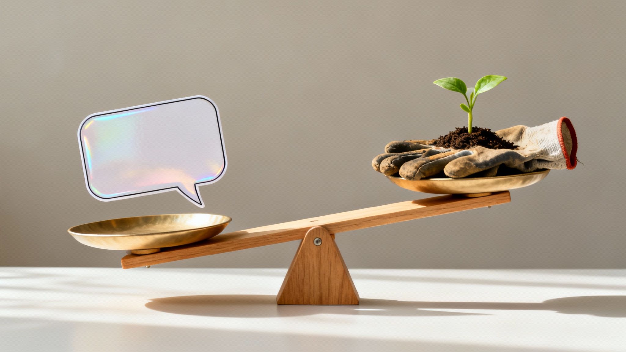 Waage mit einer leeren Sprechblase links und einem Setzling in Gartenhandschuhen rechts, der überwiegt.