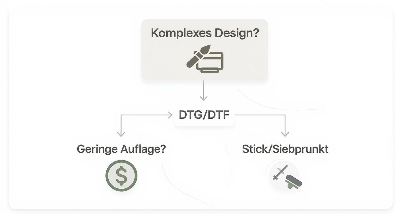 Infografik, die als Entscheidungsbaum zeigt, welches Veredelungsverfahren sich für komplexe Designs oder unterschiedliche Auflagen eignet.