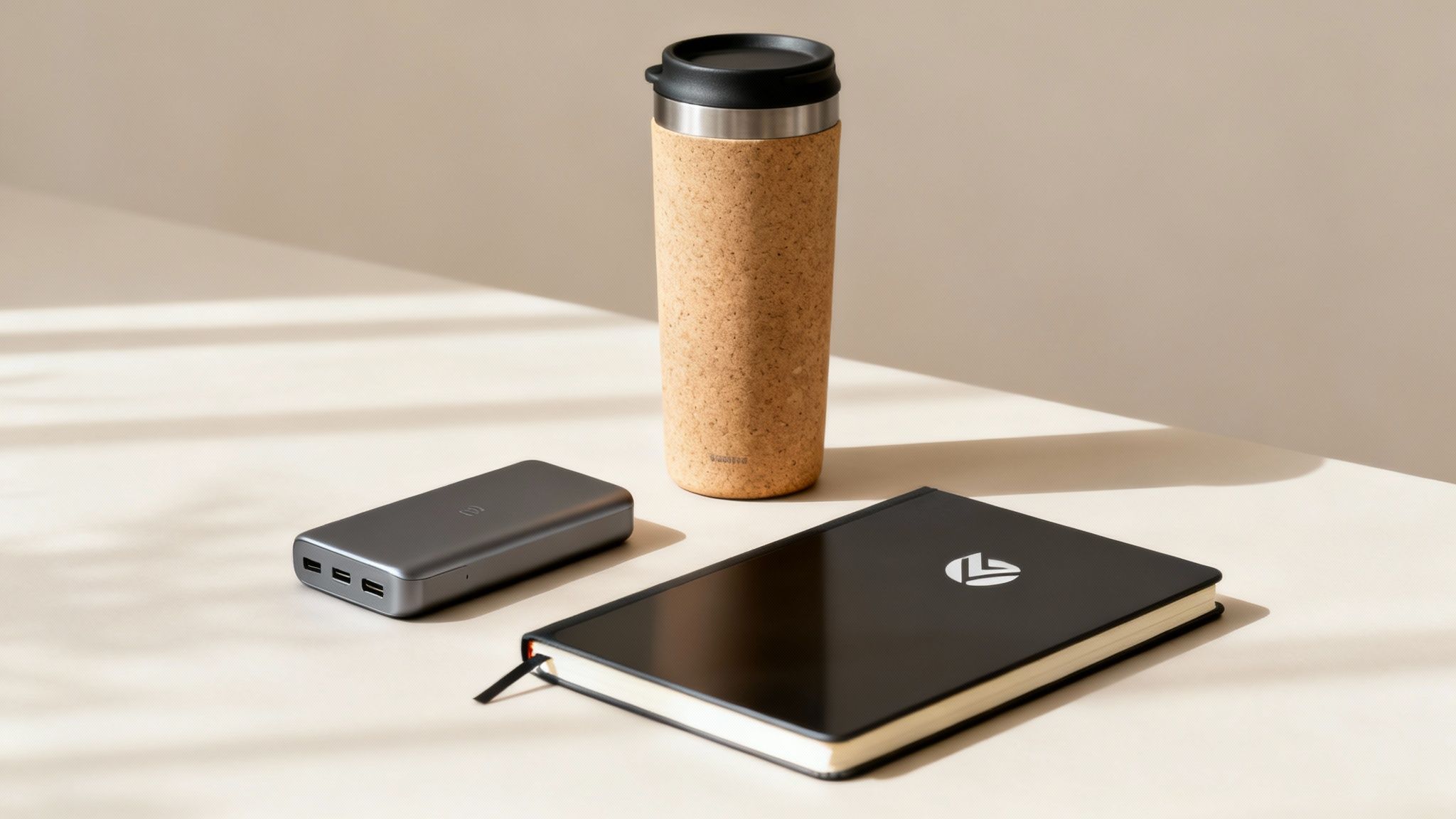 Eine Person hält ein stilvolles, personalisiertes Notizbuch in der Hand, das als hochwertiger Werbeartikel dient.