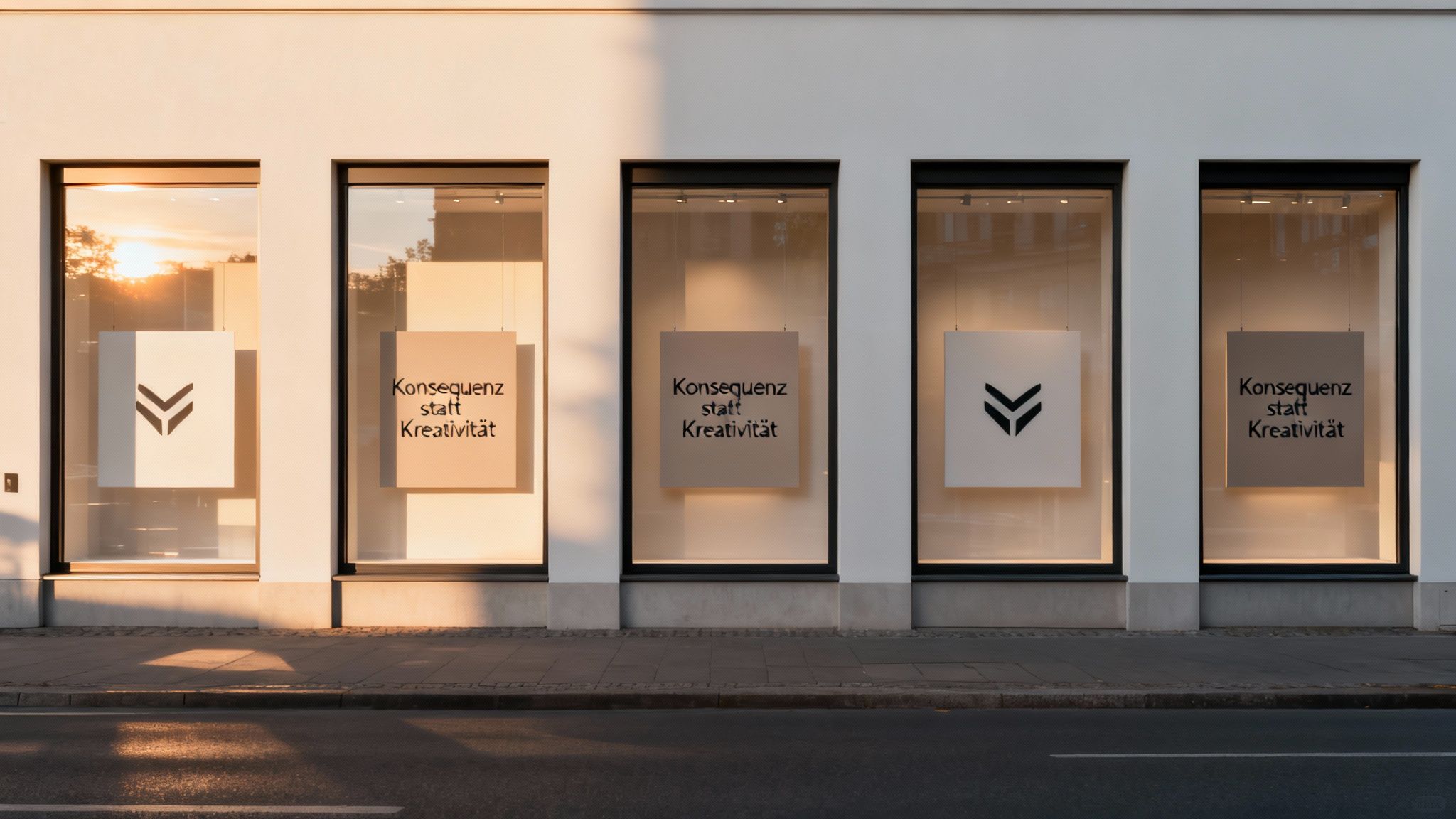 Fassadenansicht eines modernen Gebäudes mit Schaufenstern, die Schilder mit dem Text „Konsequenz statt Kreativität“ und einem Chevron-Symbol zeigen.