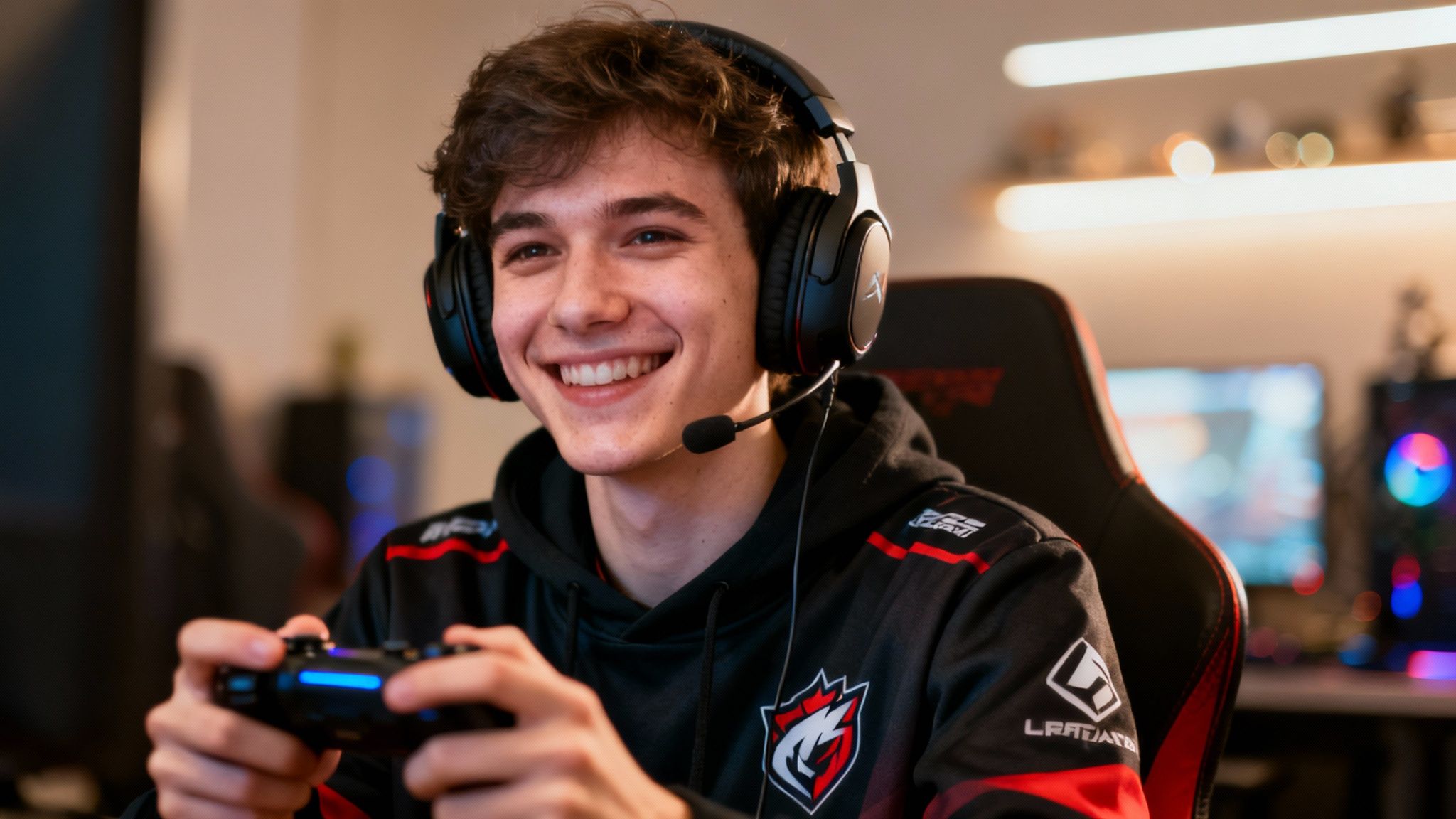 Eine Gruppe junger Leute in einem eSports-Team, die gemeinsam jubeln.