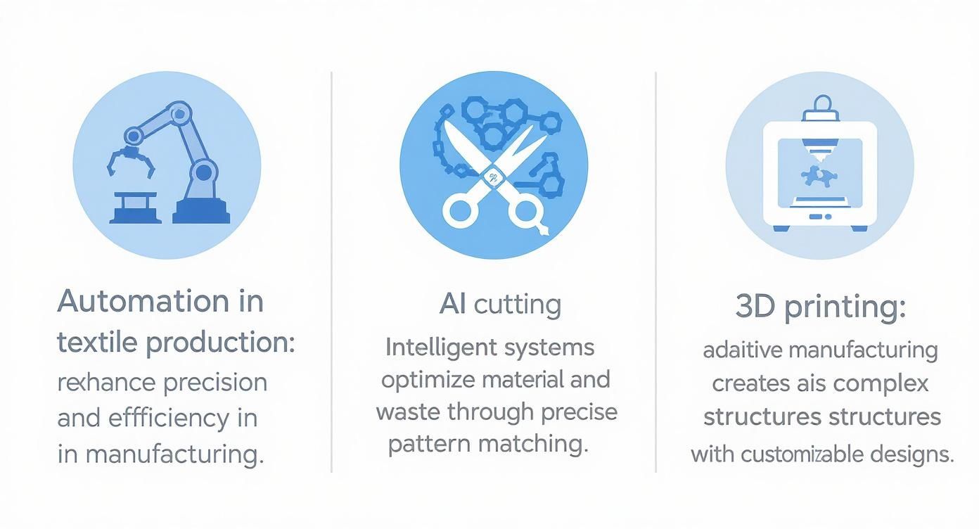 Drei Icons stellen Innovationen in der Textilproduktion dar: Automatisierung, KI-Zuschnitt und 3D-Druck für effiziente Fertigung.