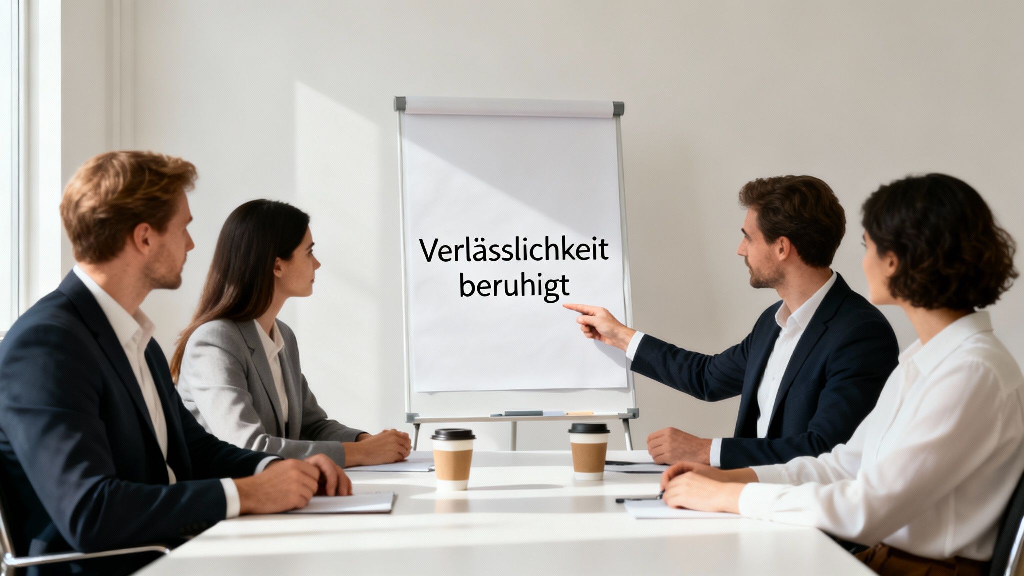 Geschäftsleute in einem Meeting, ein Mann zeigt auf ein Flipchart mit der Aufschrift 'Verlässlichkeit beruhigt'.