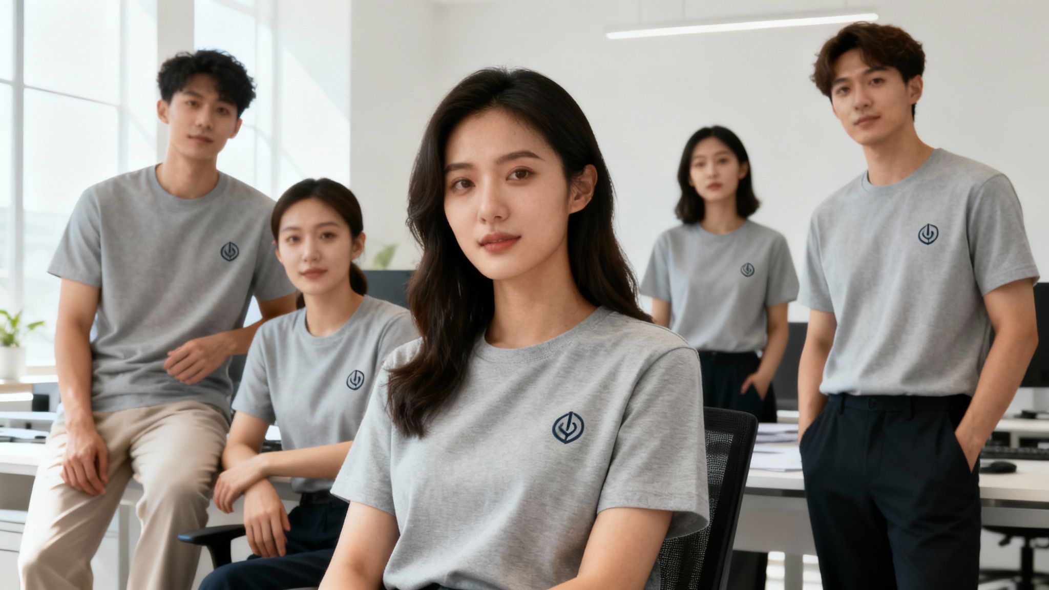 Ein Team in einem modernen Büro betrachtet Stoffmuster und plant die nächste Kollektion für Arbeitskleidung mit Logo.