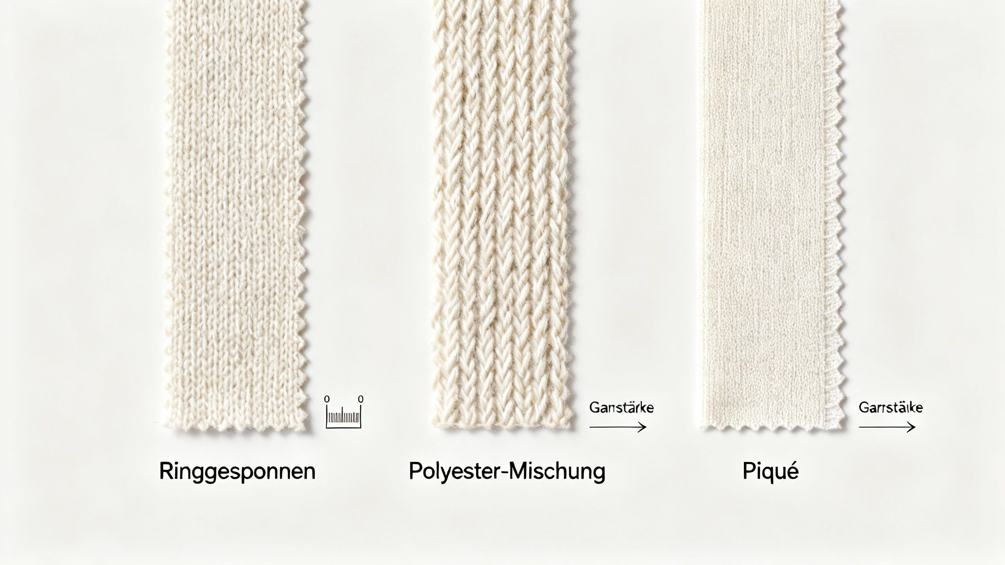 Drei weiße Stoffproben: Ringgesponnen, Polyester-Mischung und Piqué, mit Textur-Details und Garnstärke-Markierungen.
