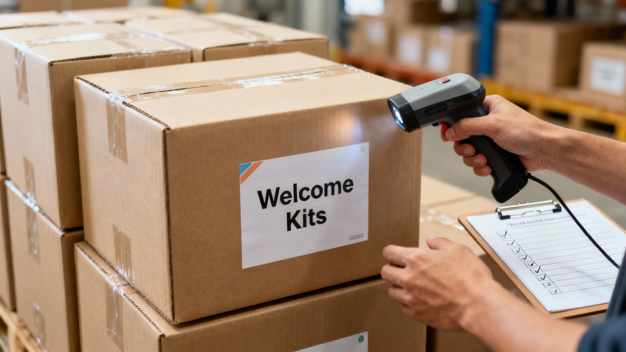 Ein Mitarbeiter in einem Lagerhaus koordiniert den Versand von Paketen.