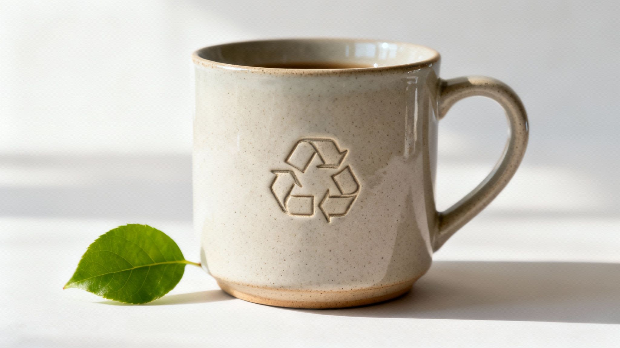 Helle Keramiktasse mit Recyclingsymbol und grünem Blatt auf weißem Hintergrund, symbolisiert Nachhaltigkeit und Umweltfreundlichkeit.