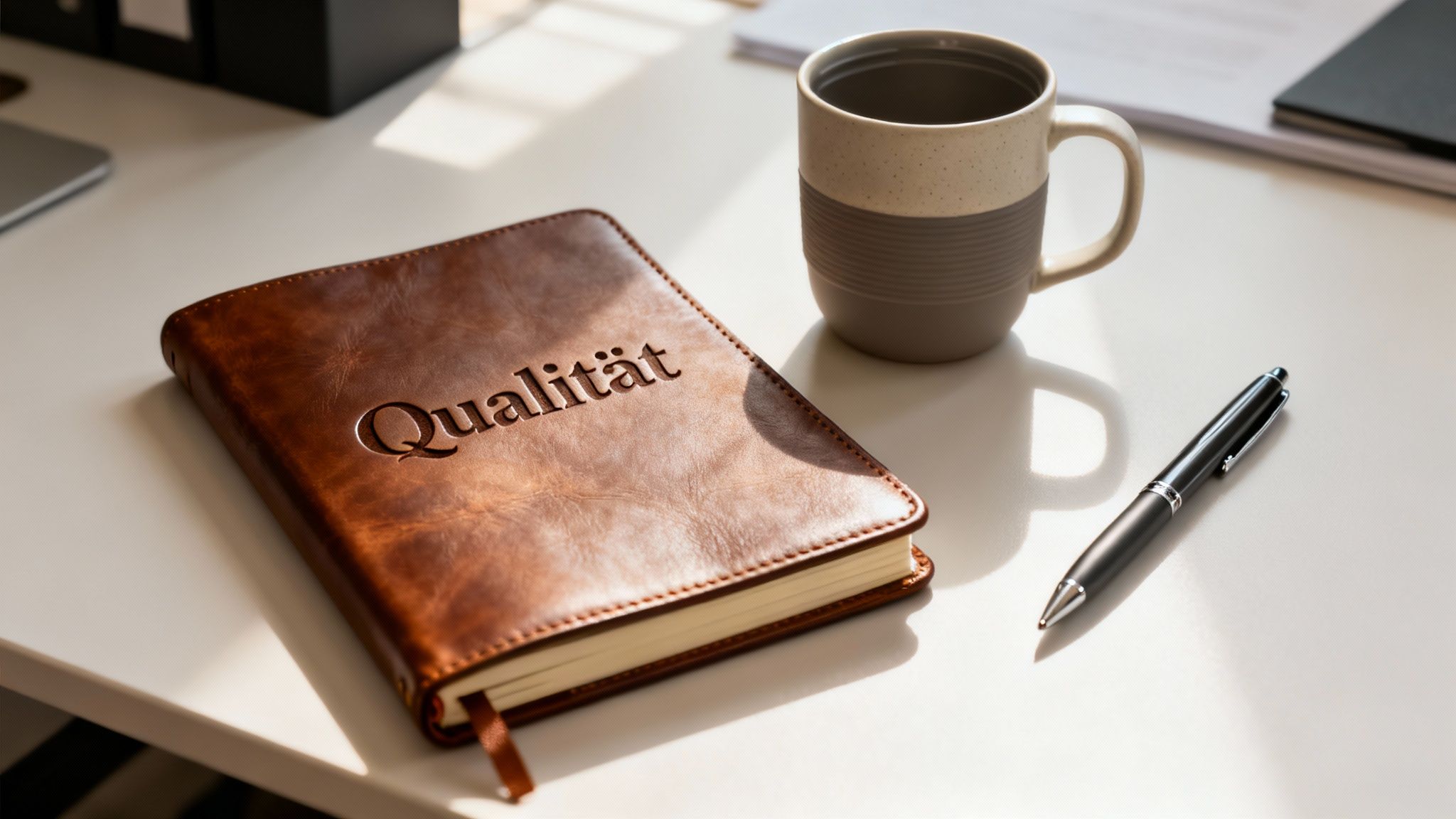Braunes Leder-Notizbuch mit dem Wort "Qualität" darauf, Kaffeetasse und Stift auf weißem Schreibtisch im Sonnenlicht.