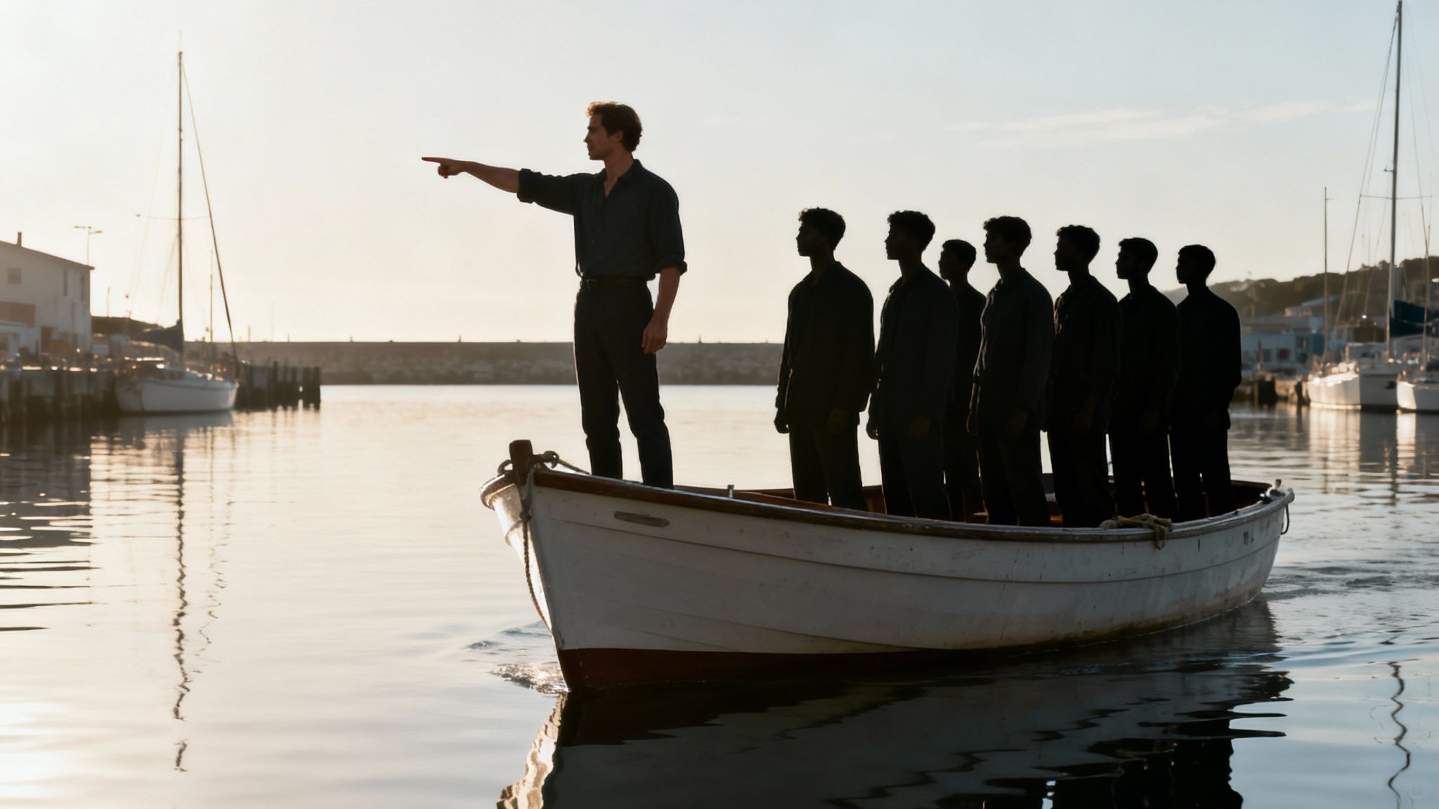 Ein Mann steht in einem Boot, zeigt nach vorne und führt eine Gruppe von Männern, mit Segelbooten im Hintergrund.