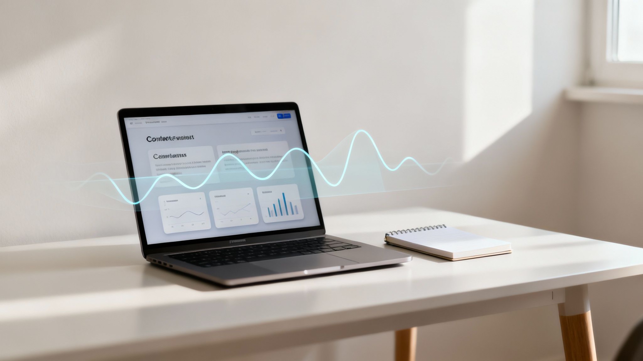 Ein Team diskutiert datengestützte Marketingstrategien vor einem Bildschirm mit Grafiken und KI-Symbolen.