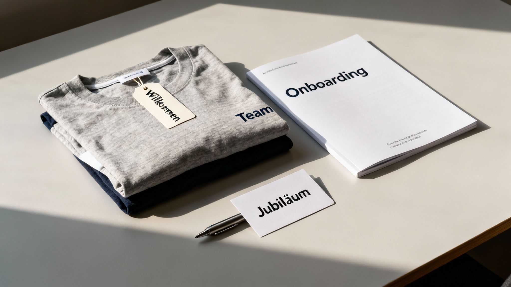 Willkommenspaket für neue Mitarbeiter mit T-Shirt, Onboarding-Buch und Jubiläumskarte auf hellem Tisch.
