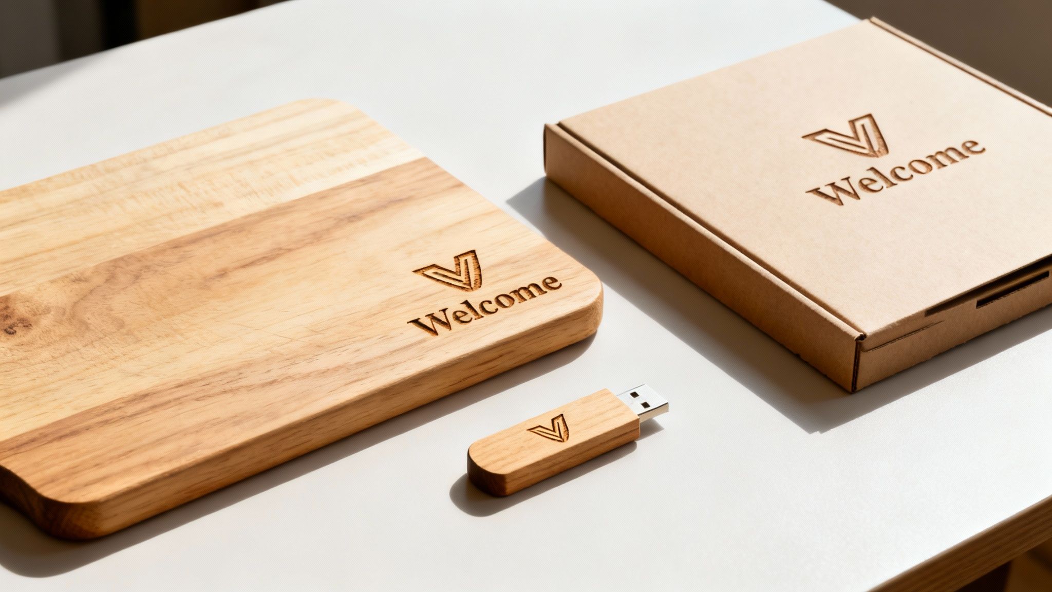 Holzschneidebrett, USB-Stick und Karton mit graviertem 'Welcome'-Logo auf hellem Hintergrund.
