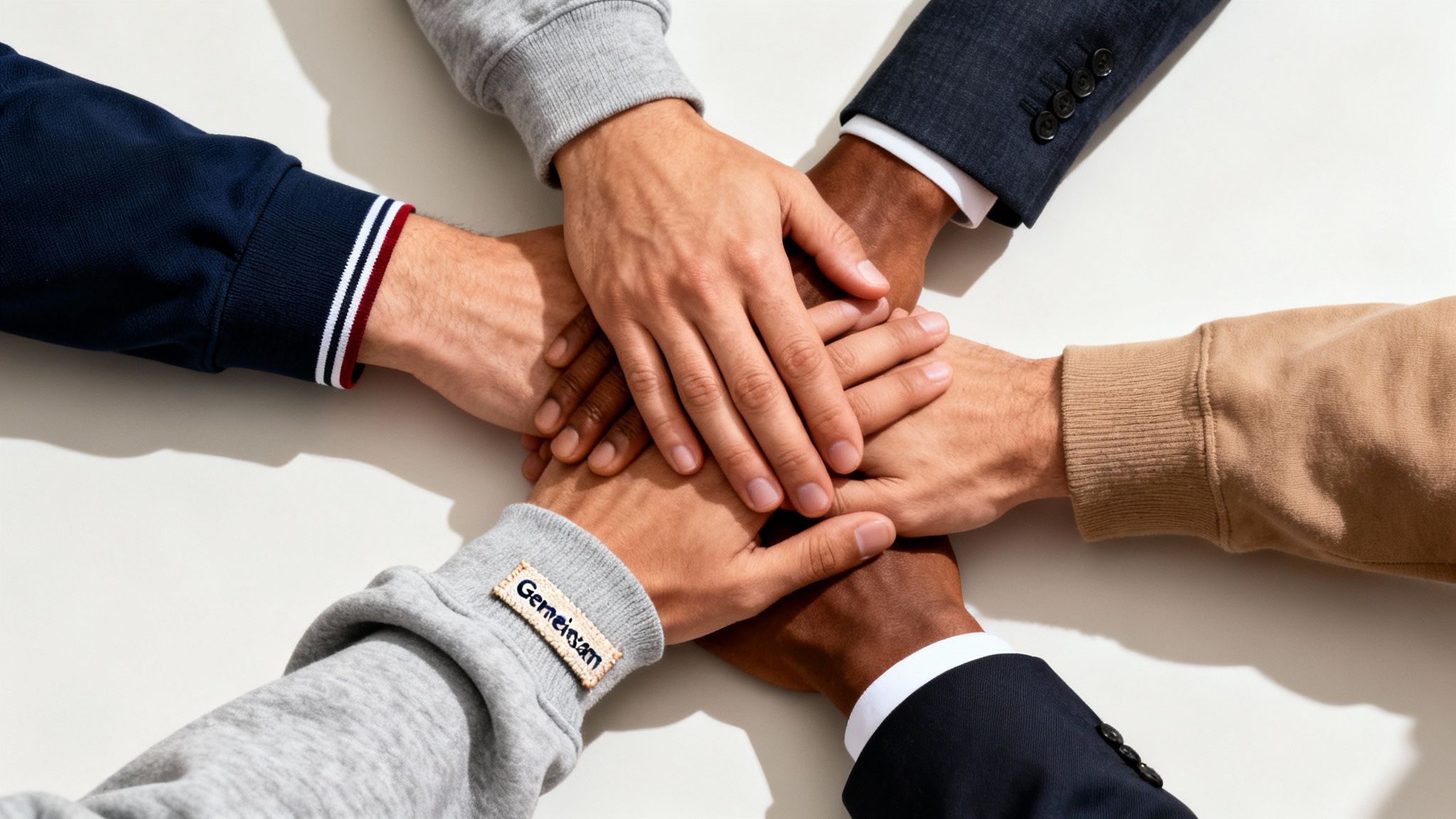 Nahaufnahme mehrerer übereinander liegender Hände verschiedener Menschen, die Teamwork und Zusammenhalt symbolisieren.