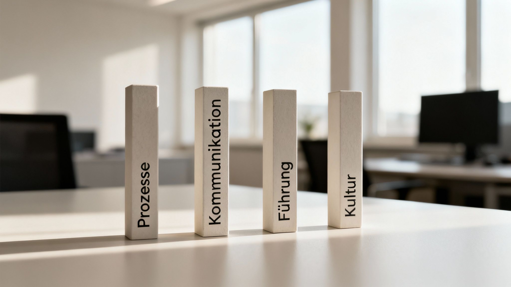 Vier weiße Holzblöcke auf einem Schreibtisch mit den deutschen Begriffen Prozesse, Kommunikation, Führung und Kultur.