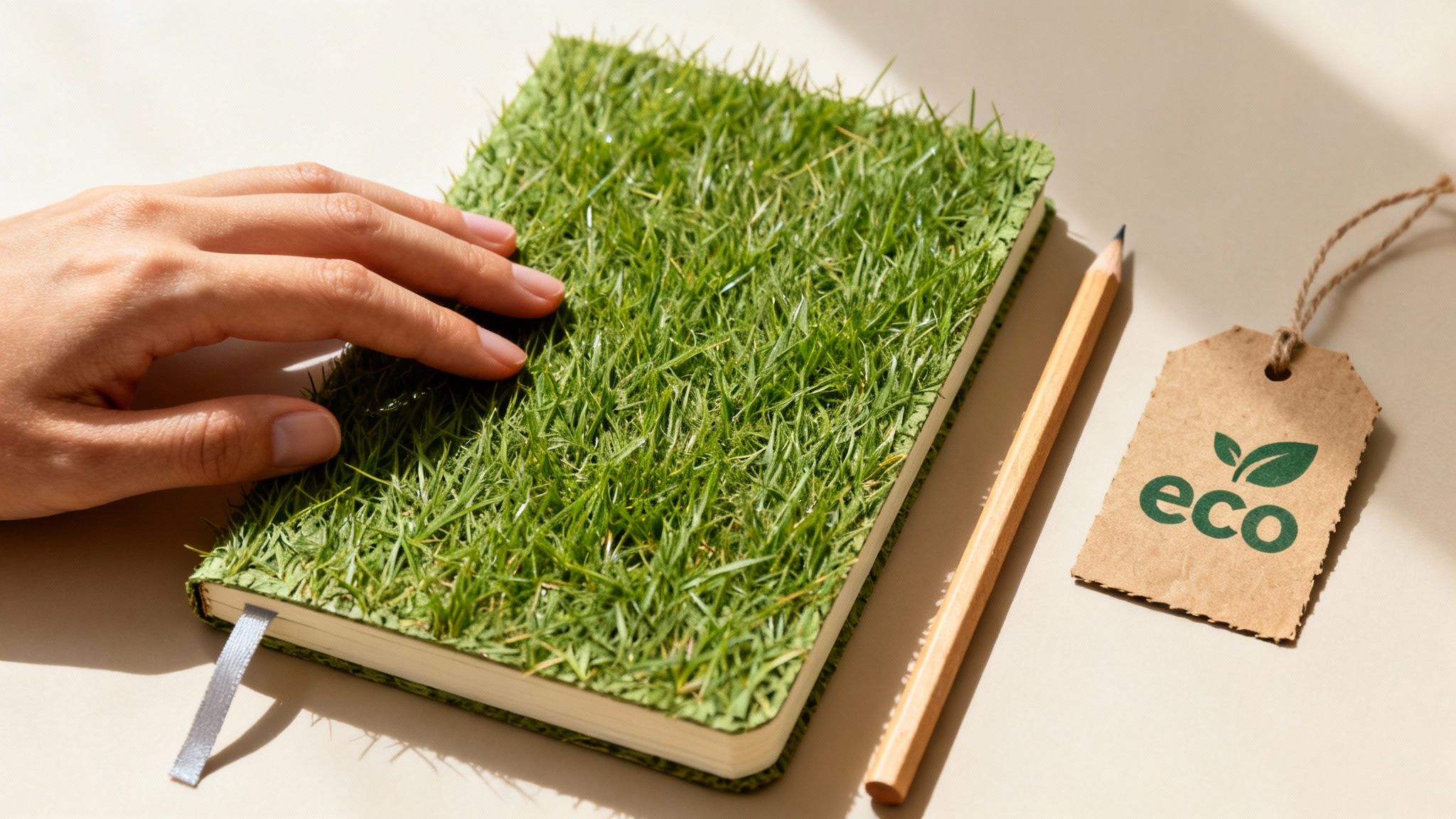 Eine Hand streichelt ein Notizbuch mit Gras-Cover, daneben ein Bleistift und ein "eco"-Etikett, alles auf beigem Hintergrund.
