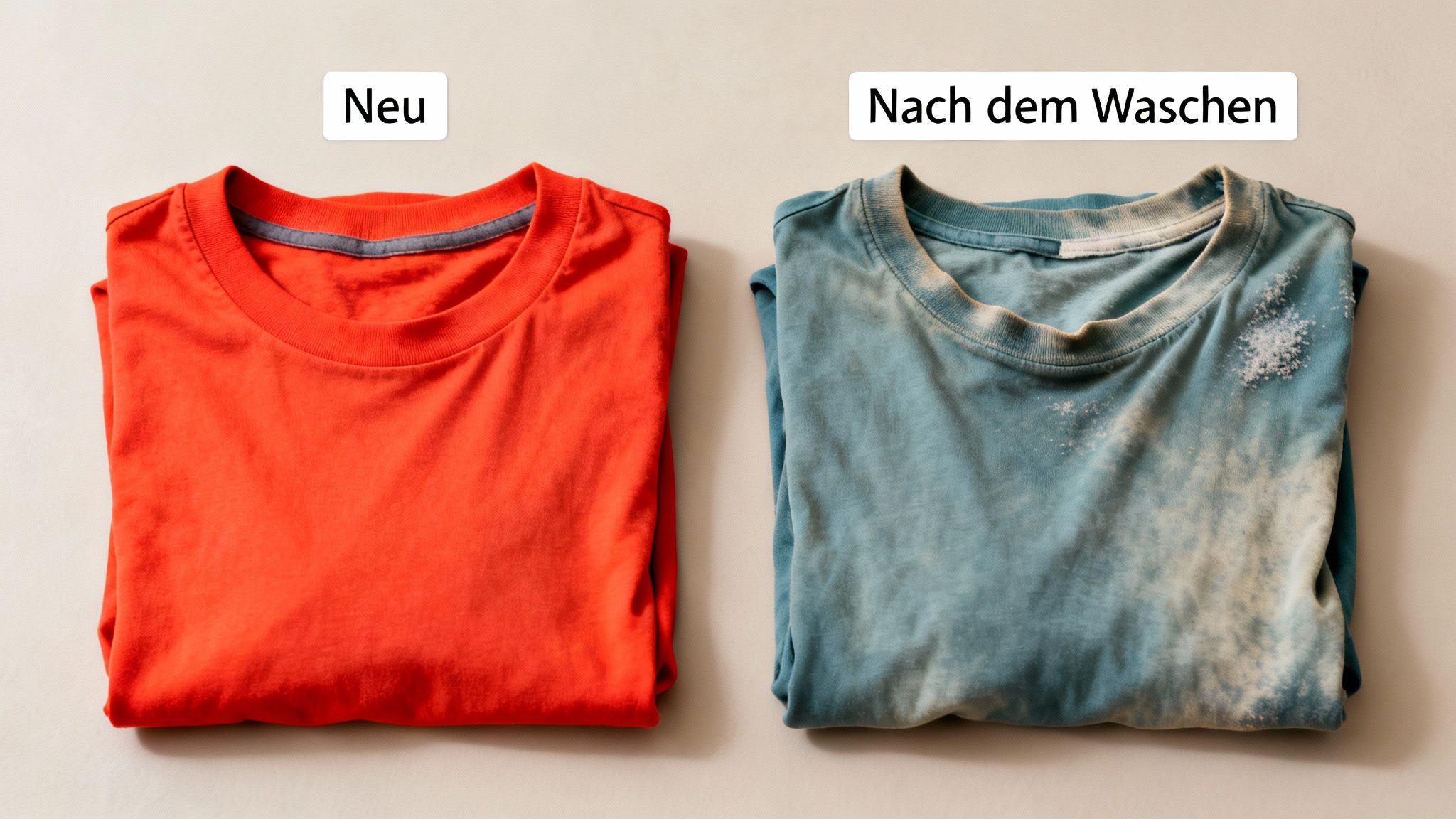 Ein neues, oranges T-Shirt und ein verwaschenes, blaues T-Shirt mit weißen Flecken, beschriftet als 'Neu' und 'Nach dem Waschen'.