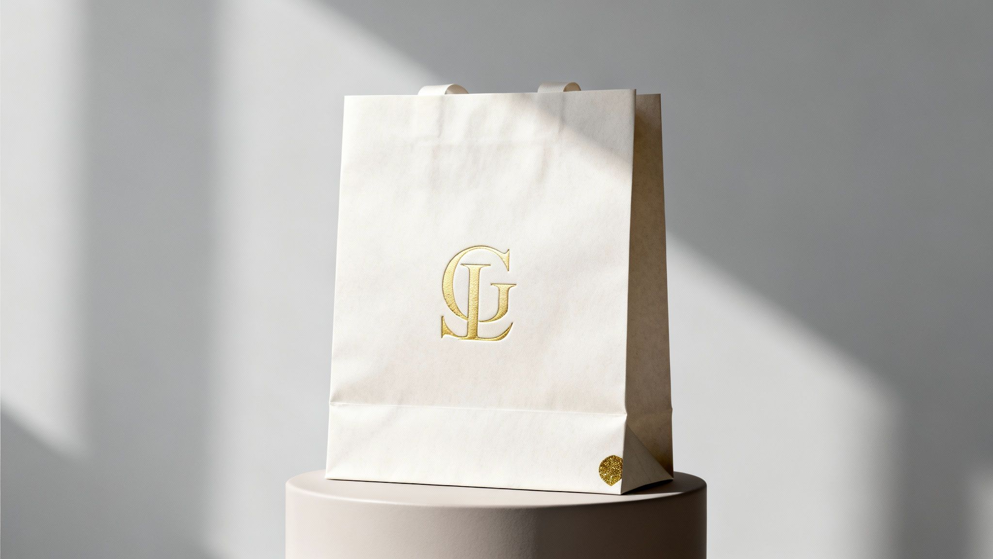 Eine elegante weiße Papiertüte mit goldenem GL-Logo auf einem cremefarbenen Sockel.