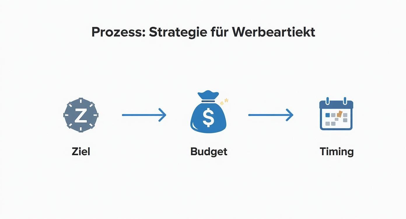 Infografik, die den strategischen Prozess für Werbeartikel mit den Schritten Ziel, Budget und Timing zeigt.