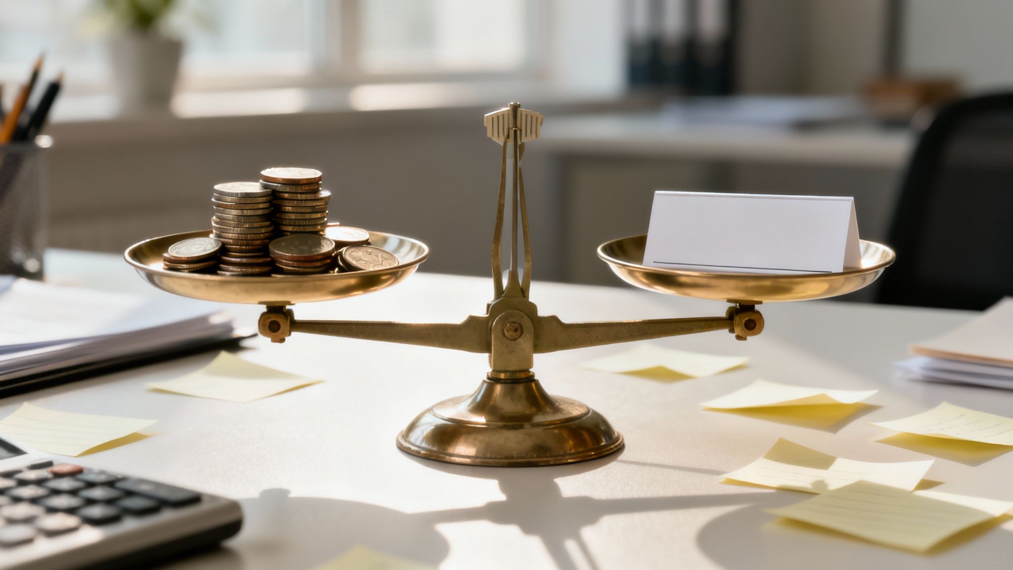 Eine Waage mit Münzstapeln auf einer Seite und einer leeren Karte auf der anderen, die Entscheidungen darstellt.