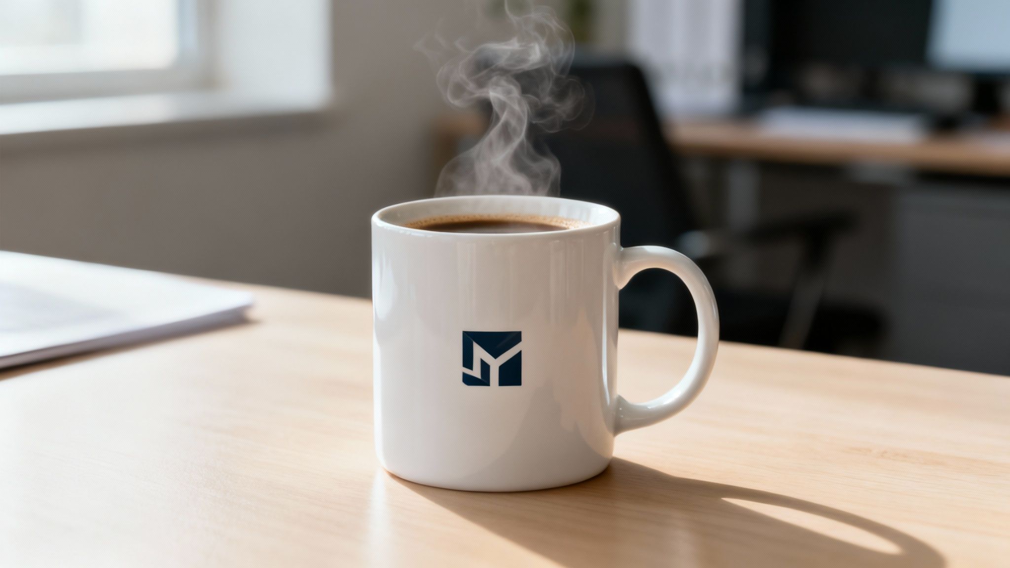 Eine weiße Tasse mit dampfendem Kaffee und Logo steht auf einem Holzschreibtisch im Sonnenlicht.
