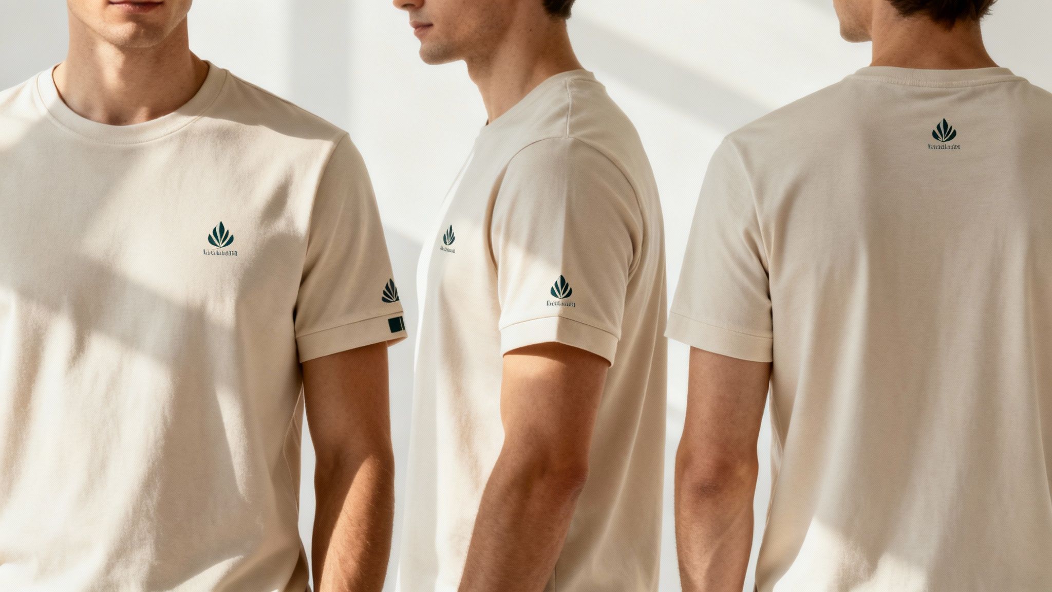 Eine Designerin prüft die Platzierung eines Logos auf einem T-Shirt in einer modernen Textildruckerei.