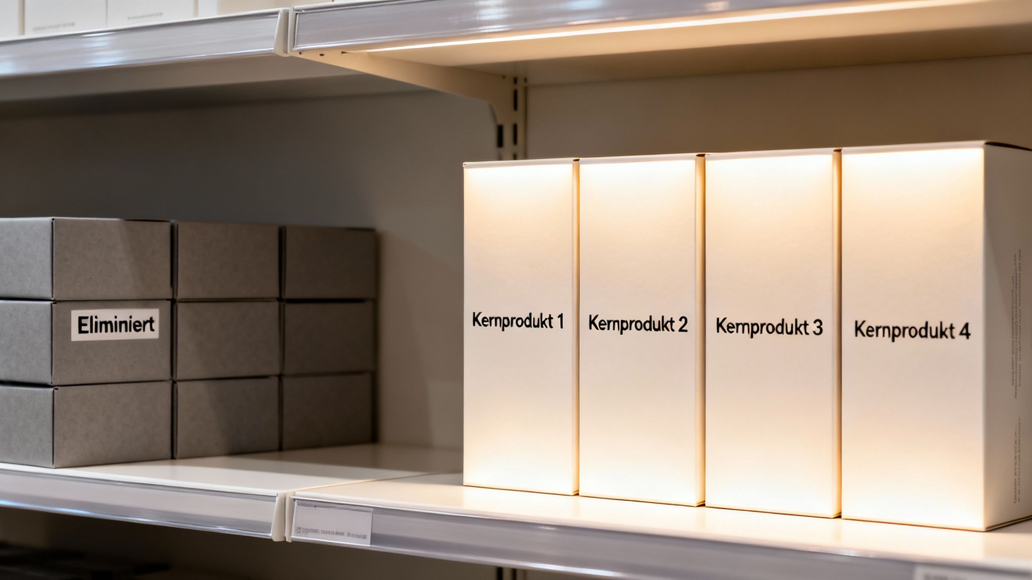 Regal mit grauen Boxen, die als 'Eliminiert' gekennzeichnet sind, neben weißen Boxen mit 'Kernprodukt 1-4'.