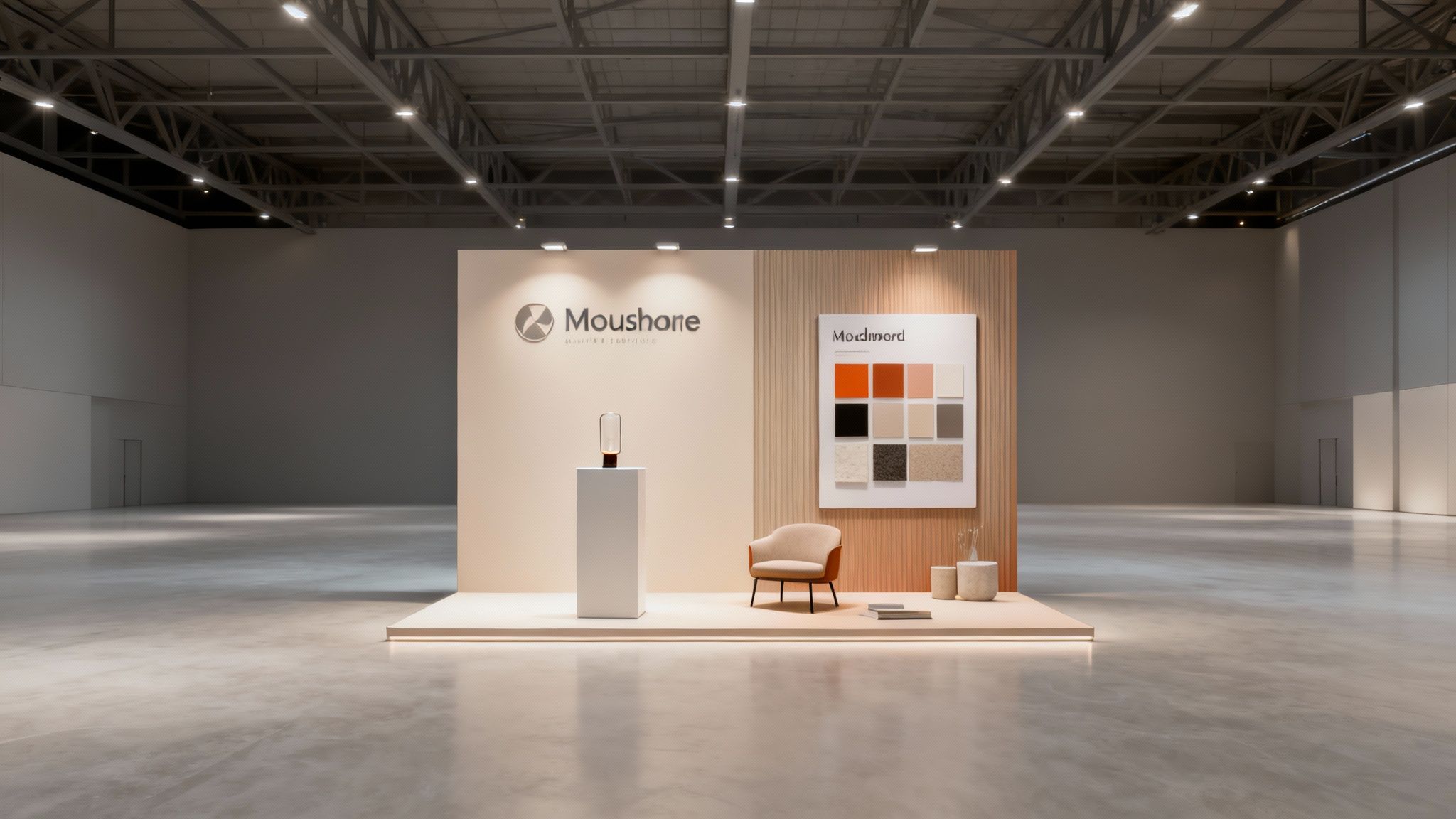 Ein moderner, minimalistischer Messestand der Firma Moushone mit Materialmustern in einer großen Halle.