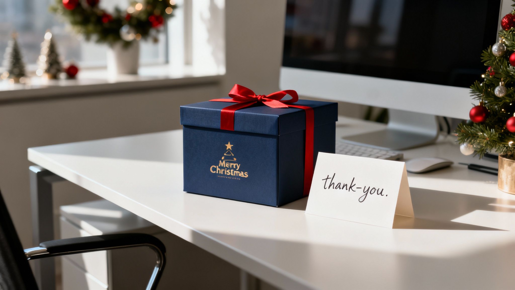 Ein Team packt sorgfältlich ausgewählte Weihnachtsgeschenke in einer modernen Büroumgebung ein.