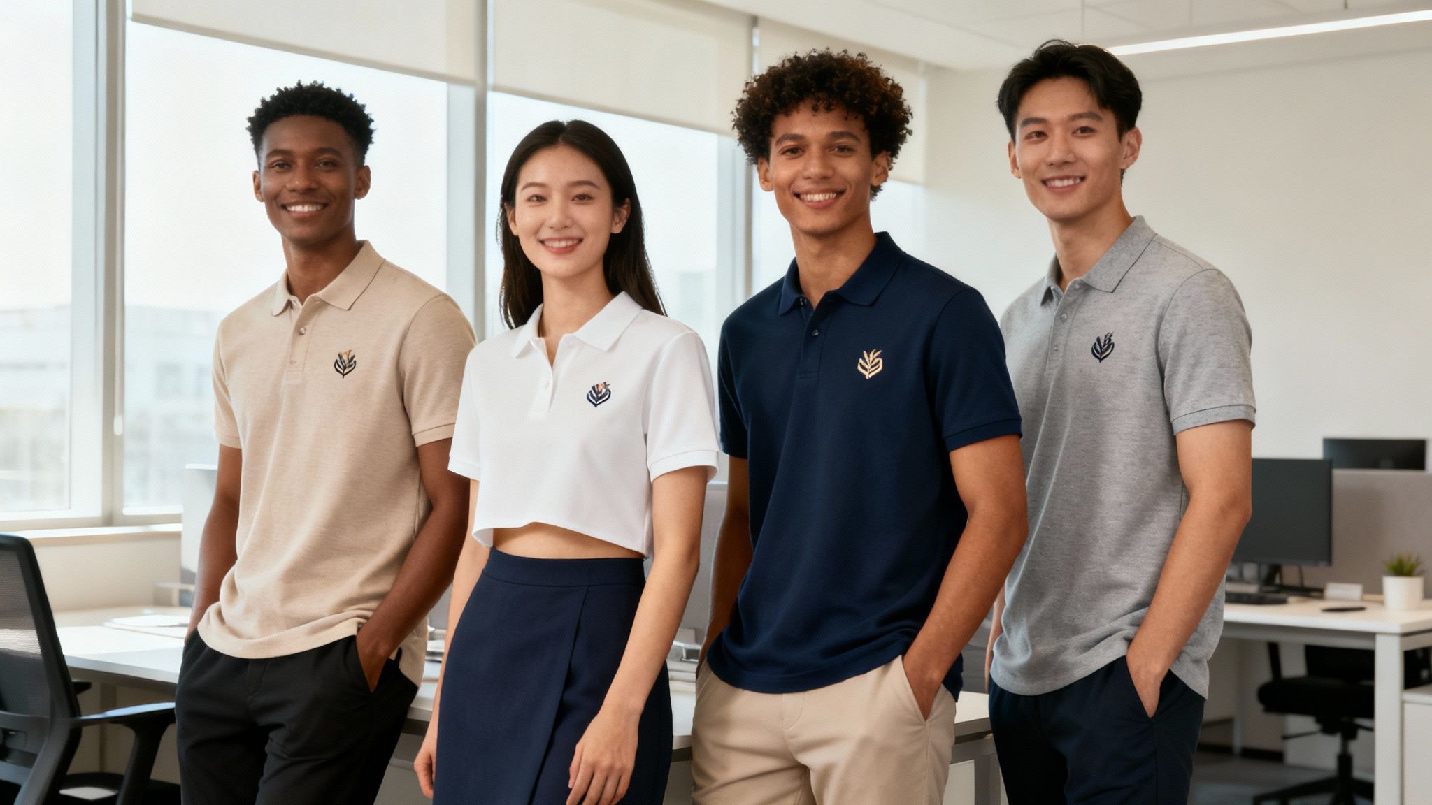 Ein Team betrachtet Stoffmuster für ihre neue Corporate Identity Kleidung in einem modernen Büro.