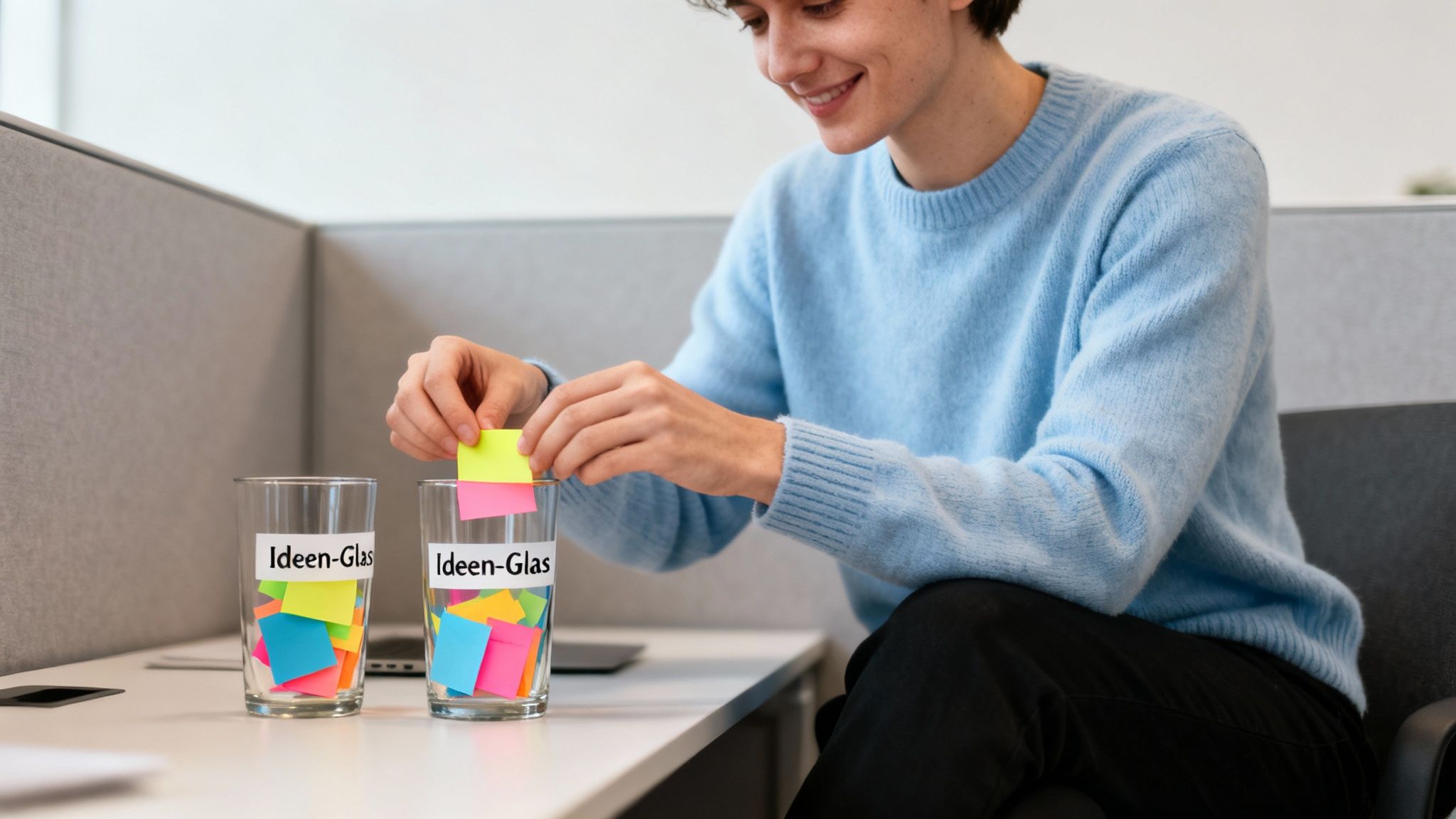 Eine lächelnde Person legt einen bunten Klebezettel in ein Ideen-Glas auf einem Schreibtisch im Büro.