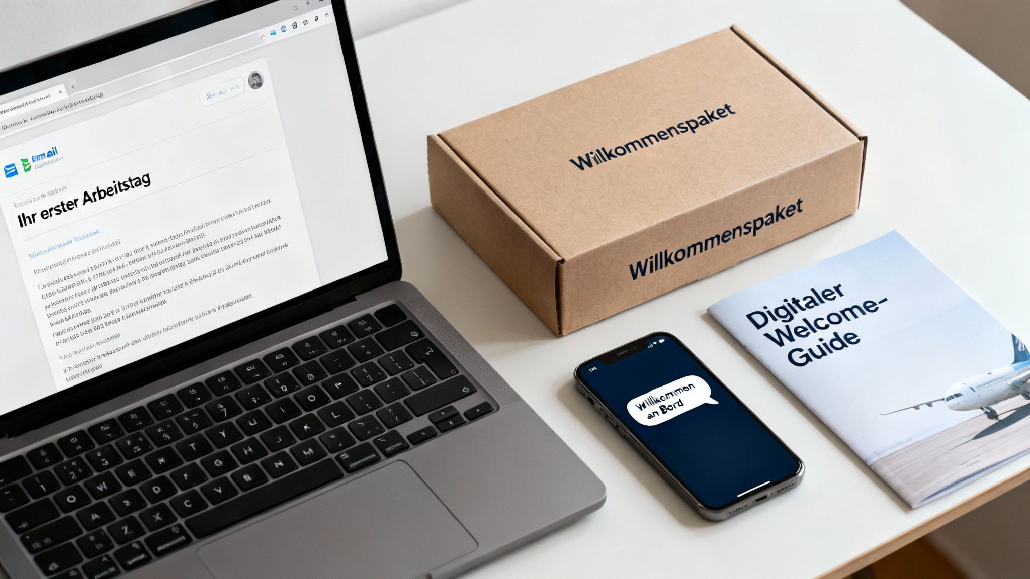 Ein Schreibtisch mit Laptop, Smartphone, Willkommenspaket und Digitalem Welcome-Guide für neue Mitarbeiter.