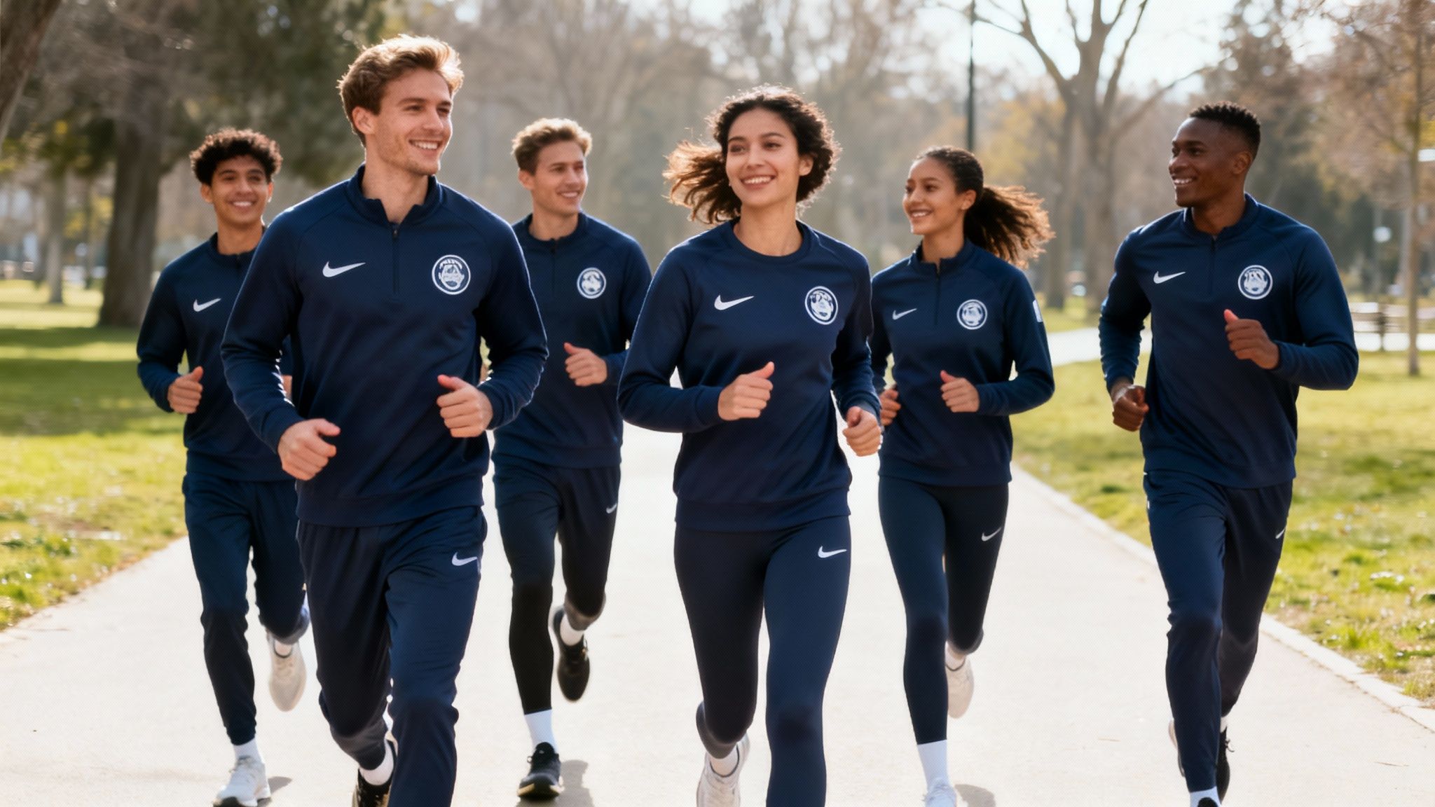 Sechs lächelnde Personen joggen in blauer Nike-Sportbekleidung mit Logo auf einem Weg im Park.