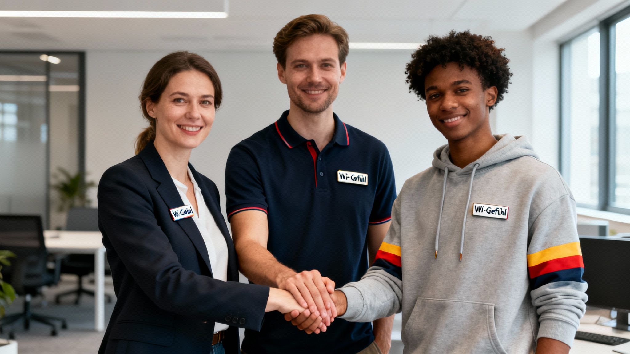 Drei lächelnde Personen, die sich im Büro die Hände reichen, tragen „Wi-Gefühl“-Namensschilder, symbolisieren Teamarbeit und Zusammenhalt.