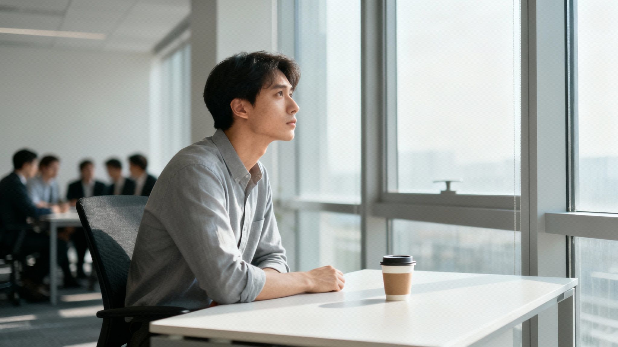 Eine Person sitzt nachdenklich am Schreibtisch in einem modernen Büro