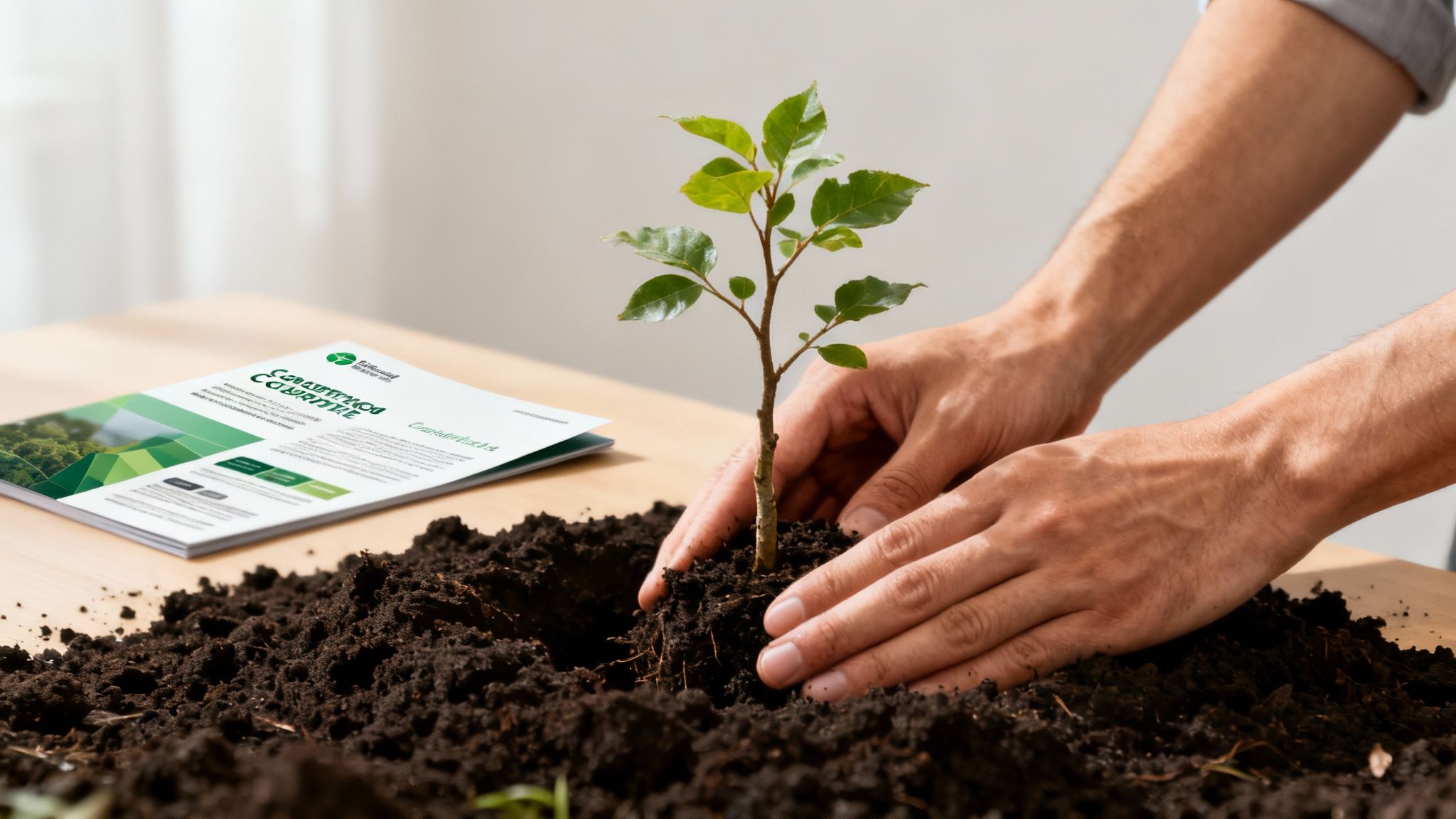 Hände pflanzen einen kleinen grünen Setzling in Erde auf einem Holztisch, daneben liegt eine grüne Broschüre.