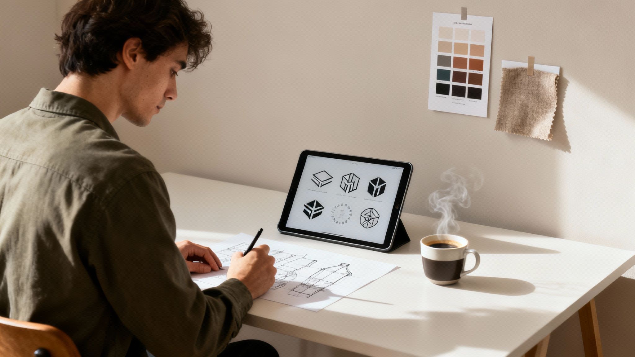 Eine junge Designerin plant eine Merchandise-Kollektion und wählt Stoffmuster und Farben aus.