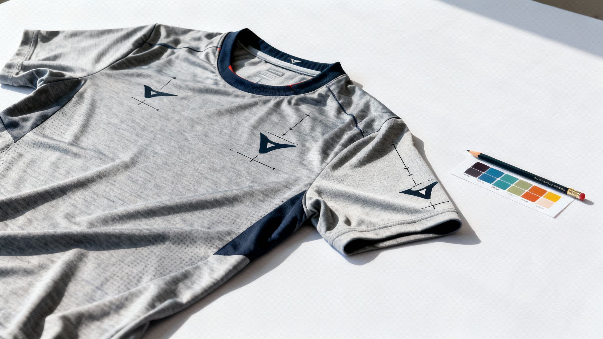 Graues Sportshirt mit blauem Logo und Design-Details auf weißem Hintergrund, daneben ein Stift und Farbkarte.