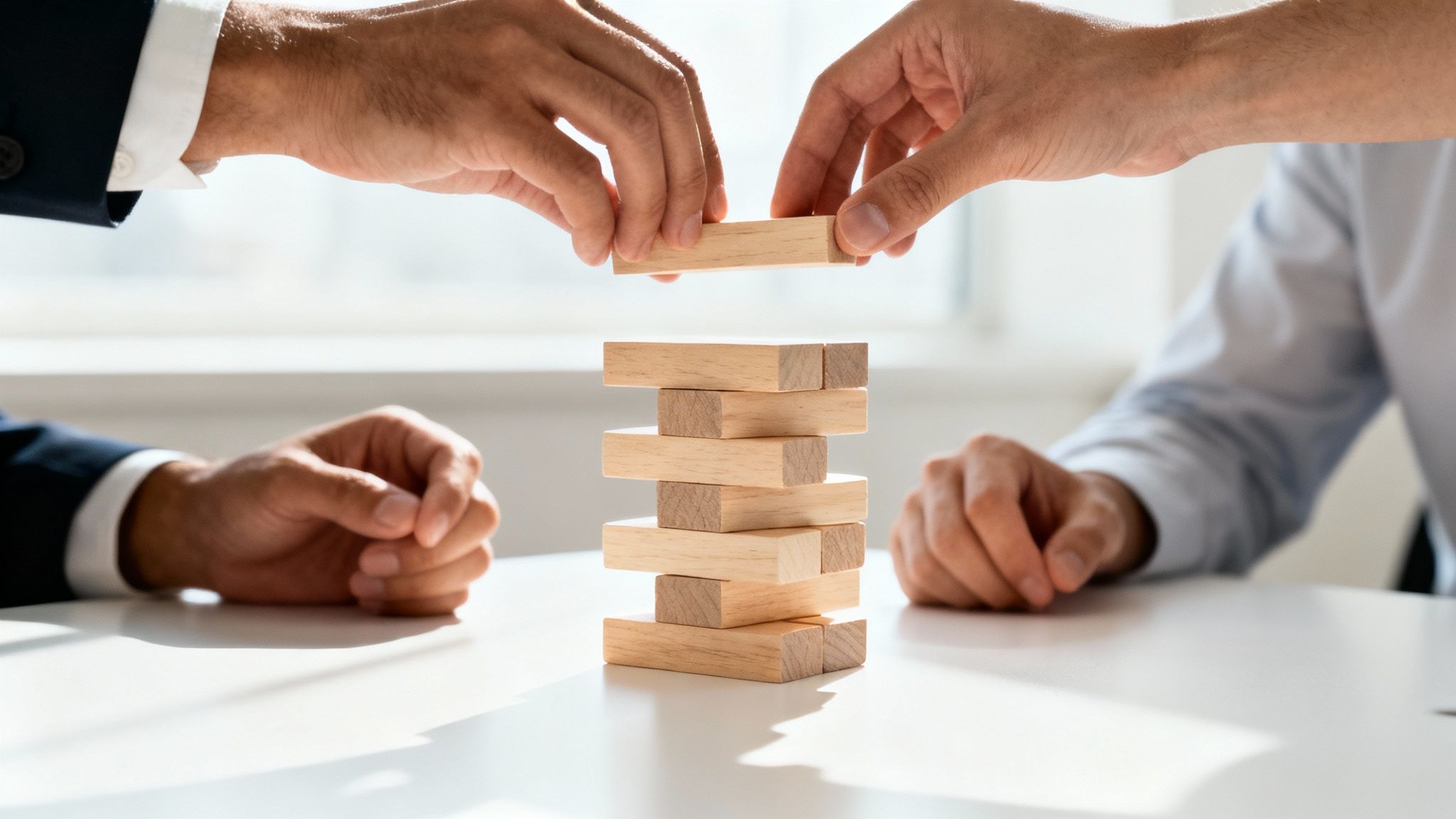 Zwei Geschäftsleute bauen gemeinsam einen Turm aus Holzklötzen, Symbol für Teamarbeit und Strategie.