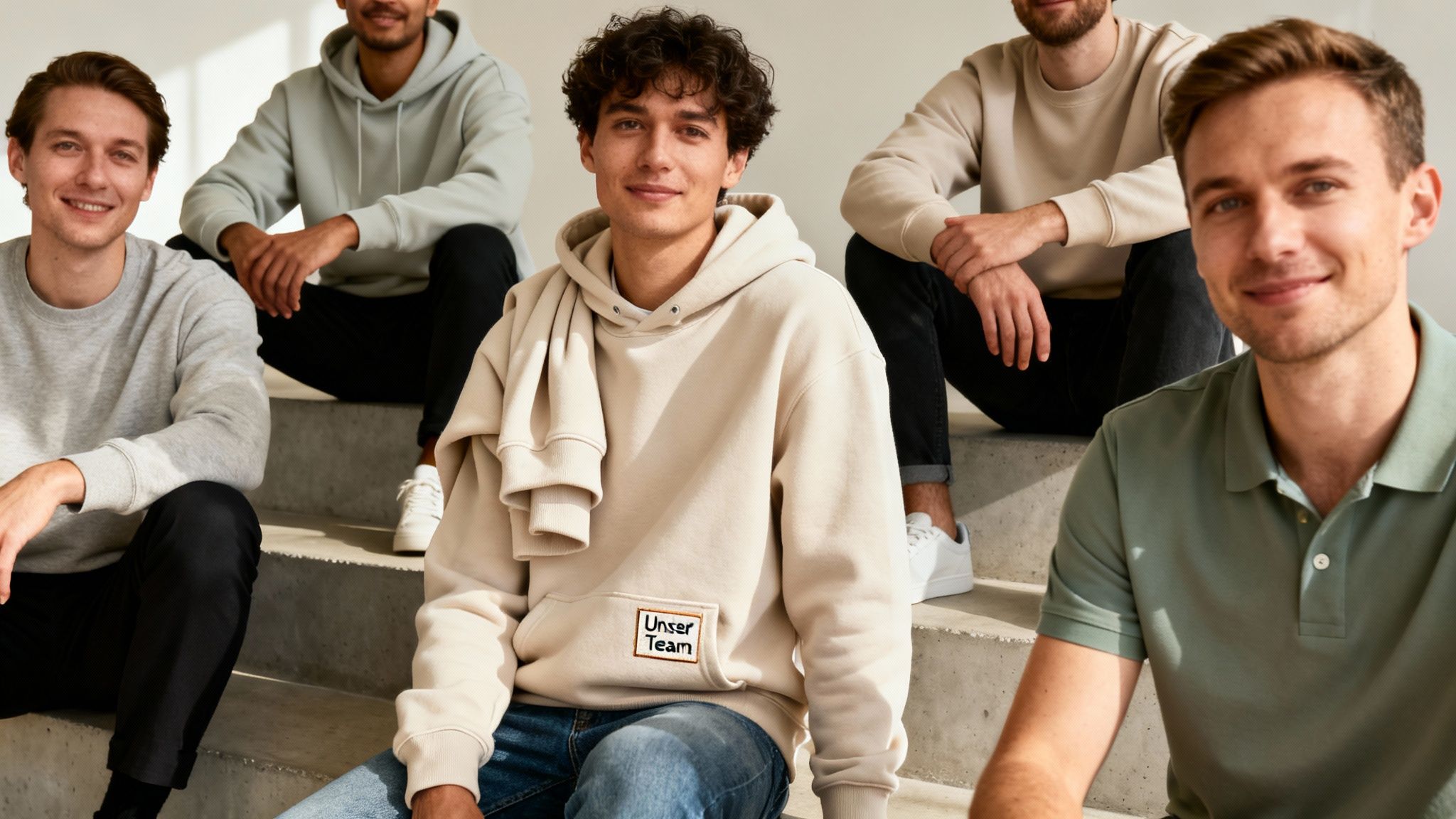 Fünf lächelnde junge Männer in lässiger Kleidung sitzen auf Stufen, einer trägt einen Hoodie mit 'Unser Team'.