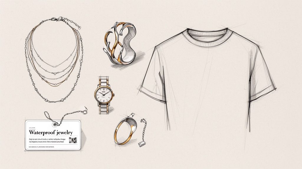Detailed sketches of various fashion accessories, including necklaces, a bracelet, a watch, a ring, and a T-shirt.