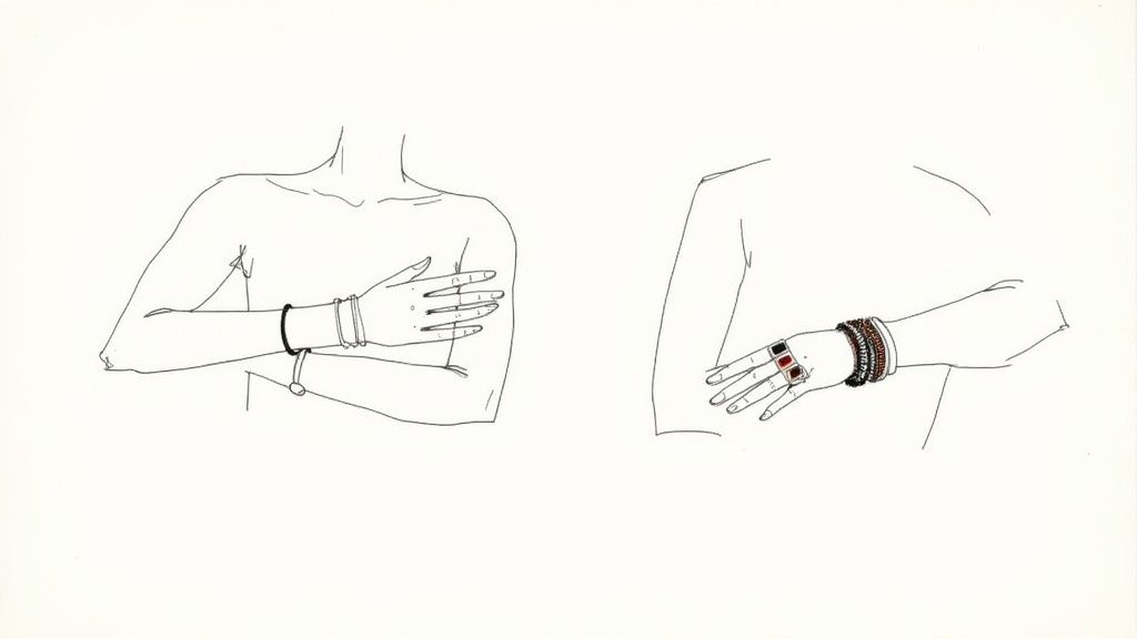Two minimalist line drawings show women's arms adorned with various bracelets and rings.