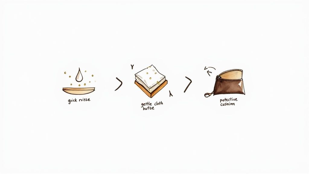 Illustrated steps for cleaning and storing an item: quick rinse, gentle dry, and protective pouch.