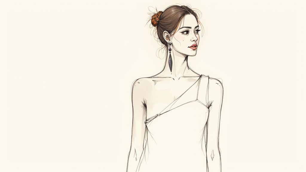 Sketch of a woman with a bun, one-shoulder dress, and long dangle earring.