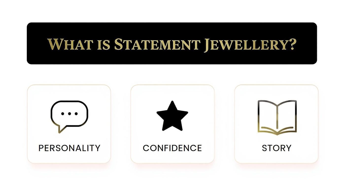 An infographic explaining statement jewellery, highlighting personality, confidence, and story with icons.