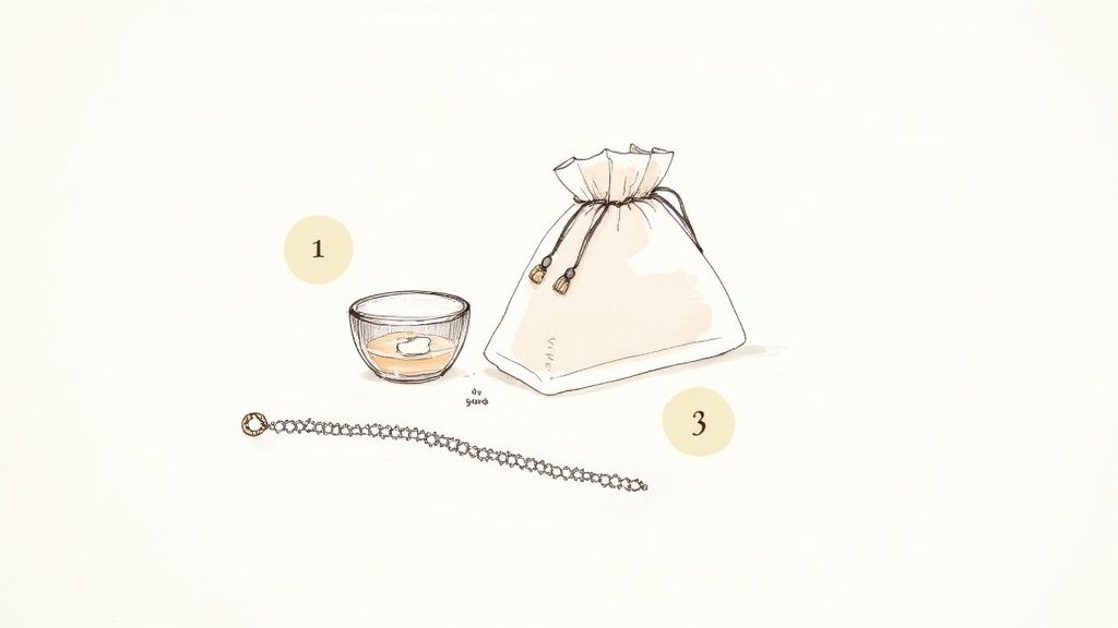 Hand-drawn illustration of items for cleaning jewelry: a bowl, a small bag, and a bracelet.