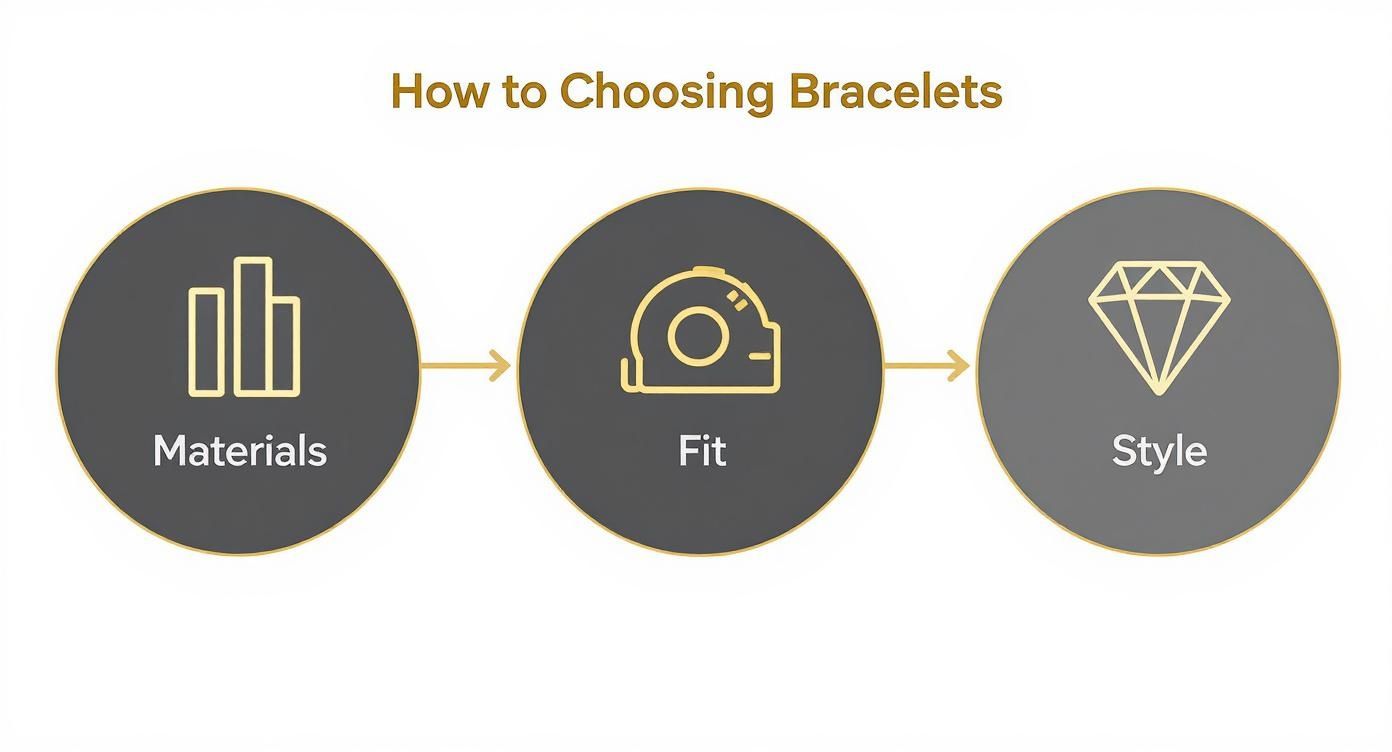 Infographic showing three steps to choosing bracelets: Materials, Fit, and Style.