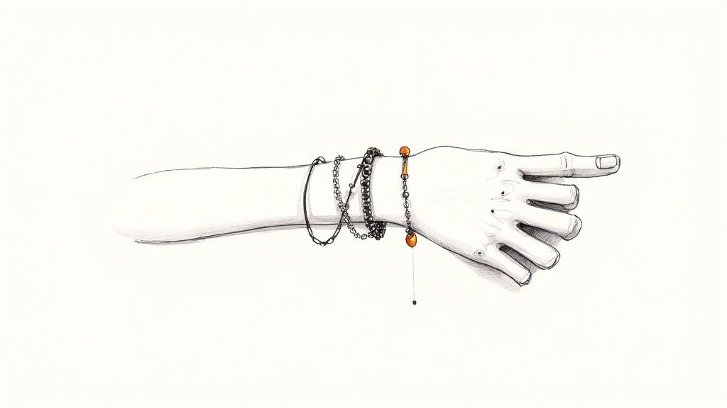 Detailed pen and ink drawing of a hand pointing right, adorned with several bracelets, some with orange beads.