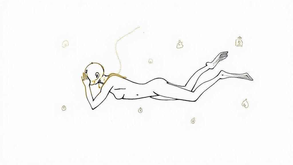 A minimalist line drawing of a nude person floating, adorned with delicate gold jewelry and abstract shapes.