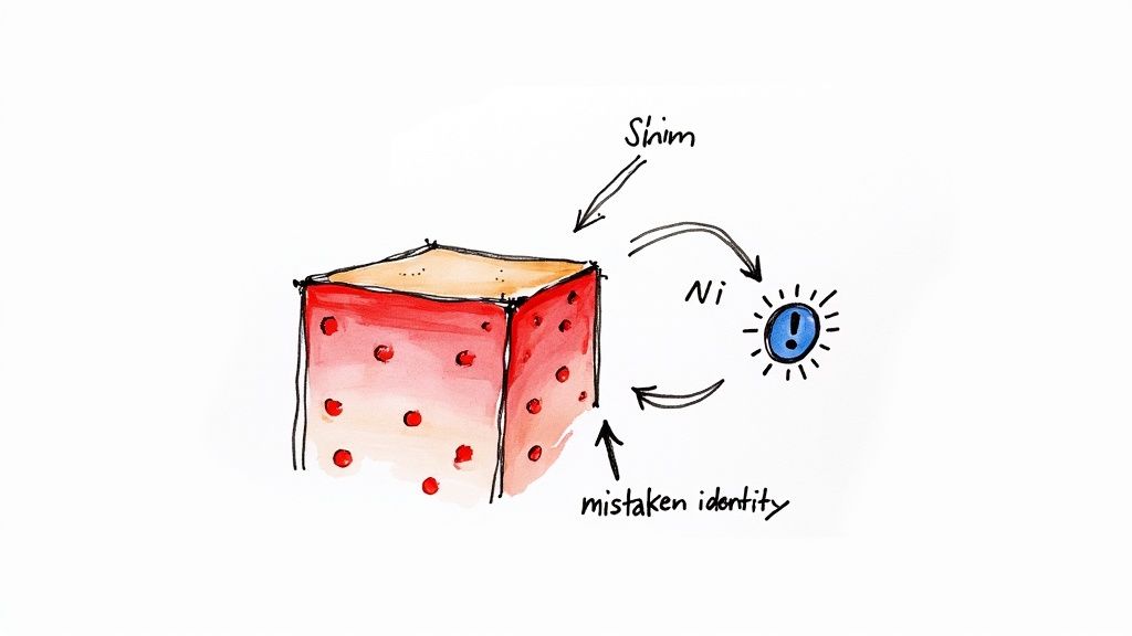 A hand-drawn diagram illustrates a red cube interacting with 'Shim' and 'Ni', leading to 'mistaken identity'.